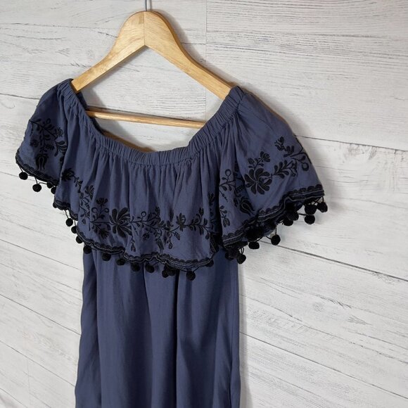 Umgee Dress Womens Size Medium Navy and Black Off the Shoulder Pom Poms Mini - Picture 11 of 14